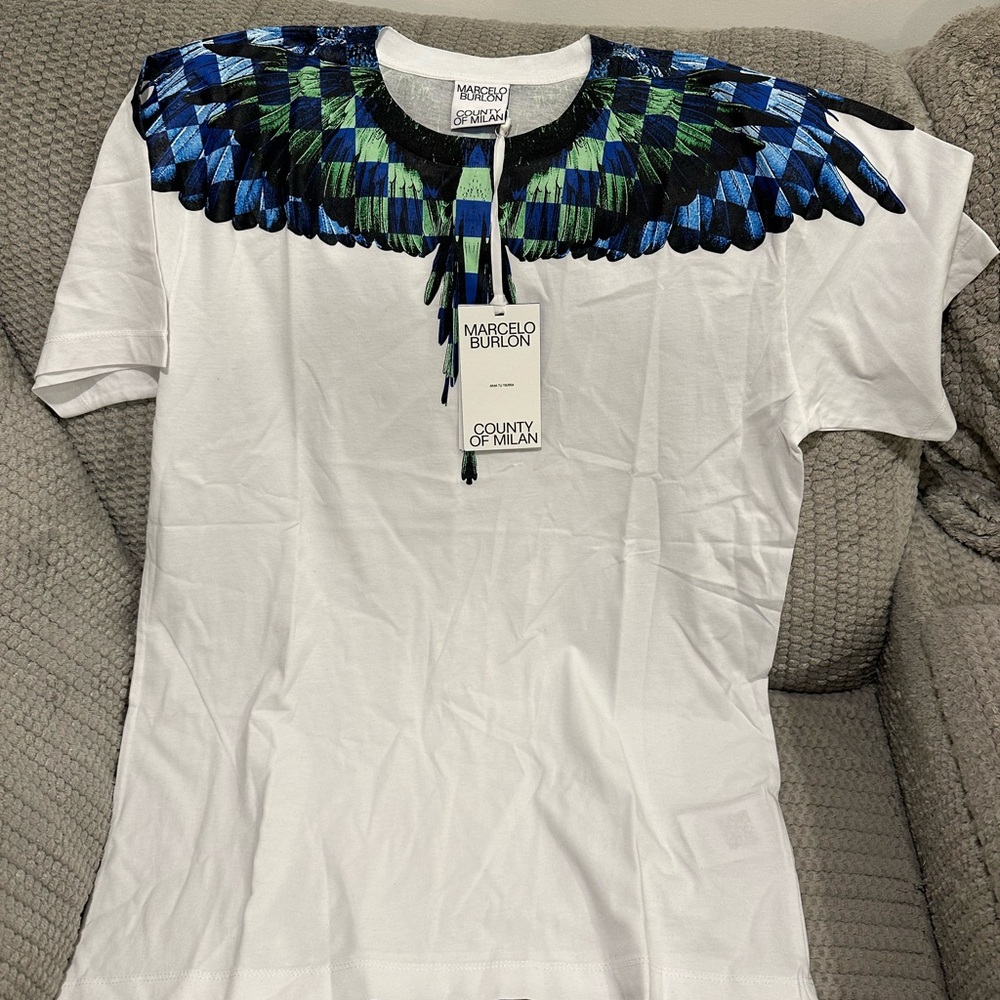 Marcelo Burlon County of Milan White and Blue Feather Tee